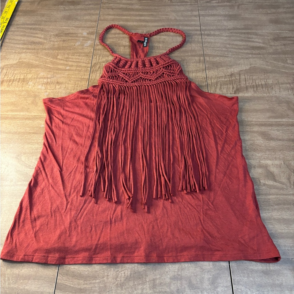 Express Women's Rust Macramé Fringe Halter Tank